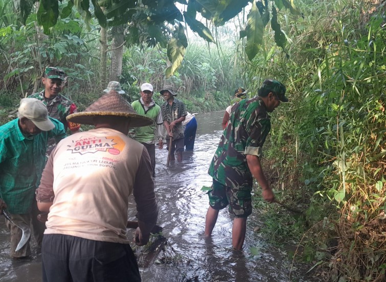 Aksi Nyata Pembersihan Aliran Sungai, Kerja Sama Babinsa Koramil 0808/03 Kanigoro Dengan Warga Gogodeso